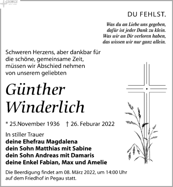 Traueranzeige von Günther Winderlich von Leipziger Volkszeitung