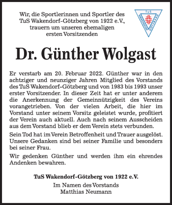 Traueranzeige von Günther Wolgast von Kieler Nachrichten