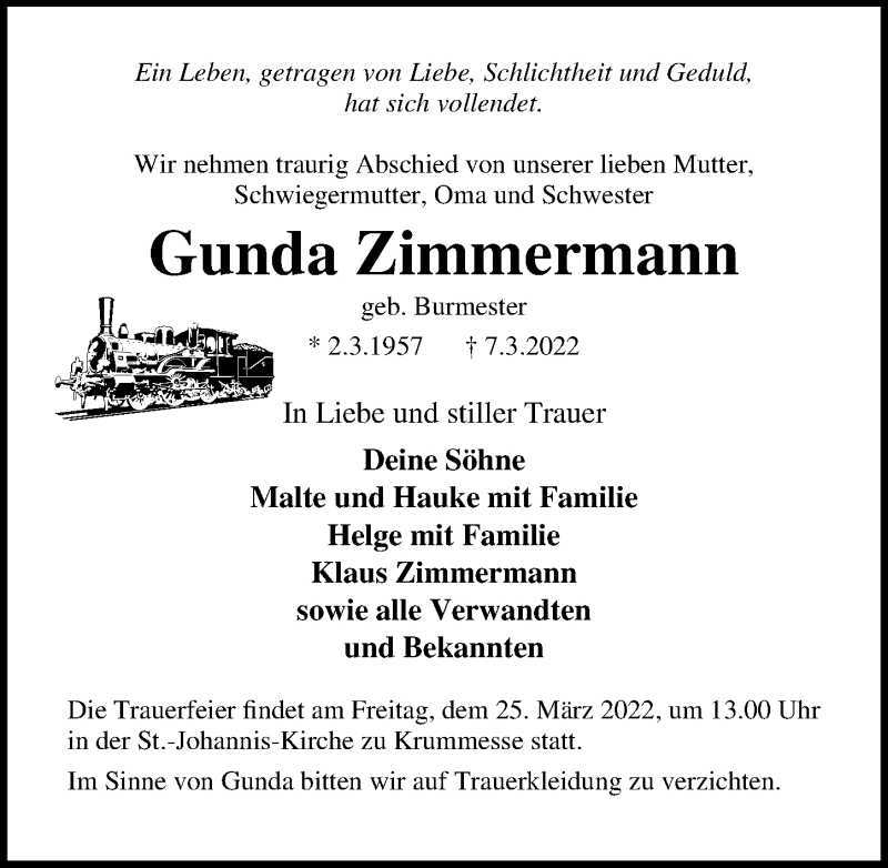  Traueranzeige für Gunda Zimmermann vom 13.03.2022 aus Lübecker Nachrichten