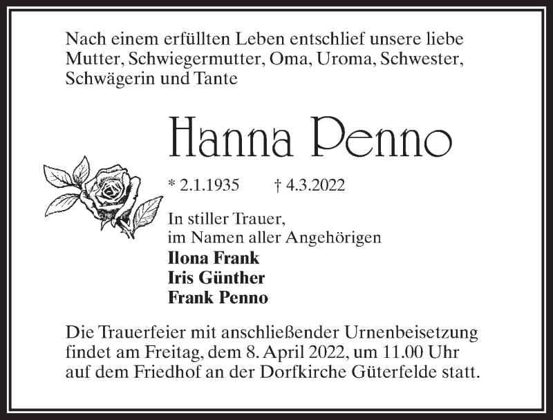  Traueranzeige für Hanna Penno vom 26.03.2022 aus Märkischen Allgemeine Zeitung