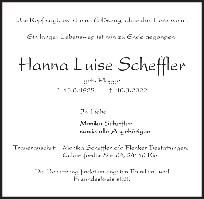  Traueranzeige für Hanna Luise Scheffler vom 19.03.2022 aus Kieler Nachrichten