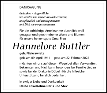 Traueranzeige von Hannelore Buttler von Leipziger Volkszeitung