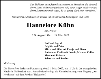 Traueranzeige von Hannelore Kühn von Kieler Nachrichten