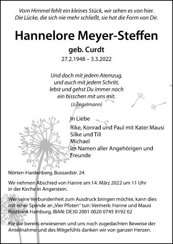 Traueranzeige von Hannelore Meyer-Steffen von Göttinger Tageblatt