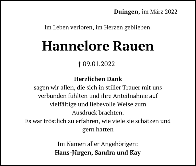  Traueranzeige für Hannelore Rauen vom 07.03.2022 aus Hannoversche Allgemeine Zeitung/Neue Presse