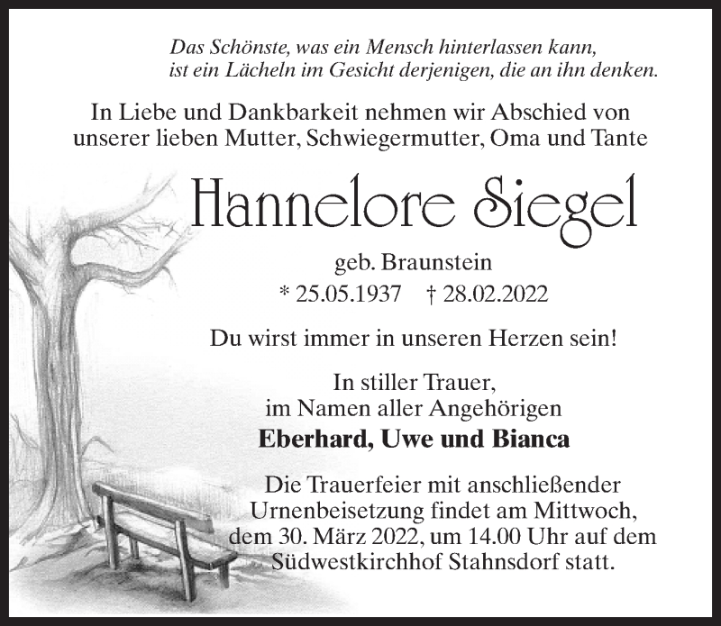  Traueranzeige für Hannelore Siegel vom 19.03.2022 aus Märkischen Allgemeine Zeitung
