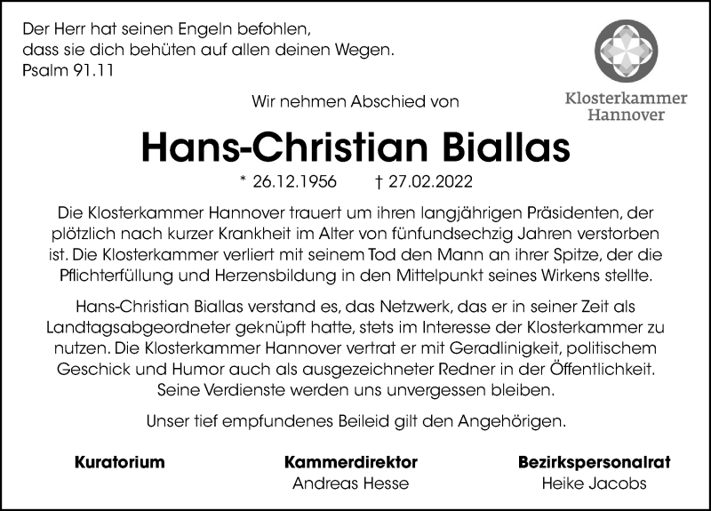  Traueranzeige für Hans-Christian Biallas vom 05.03.2022 aus Hannoversche Allgemeine Zeitung/Neue Presse