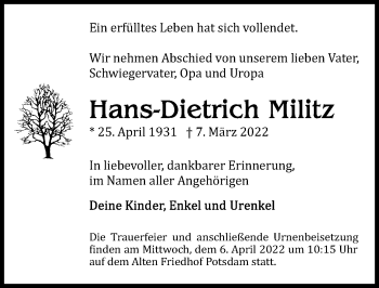 Traueranzeige von Hans-Dietrich Militz von Märkischen Allgemeine Zeitung