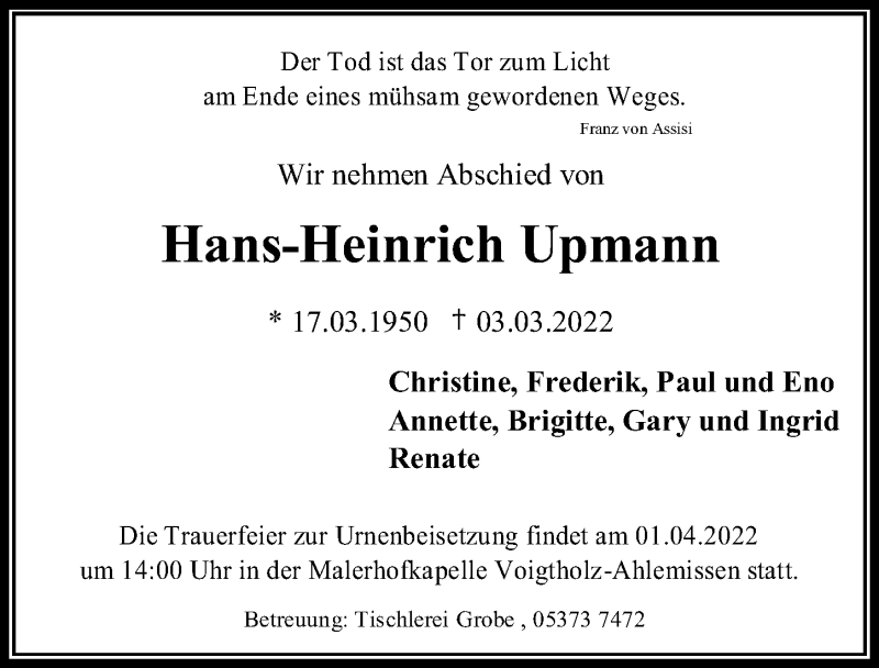  Traueranzeige für Hans-Heinrich Upmann vom 26.03.2022 aus Peiner Allgemeine Zeitung