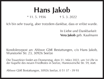 Traueranzeige von Hans Jakob von Hannoversche Allgemeine Zeitung/Neue Presse