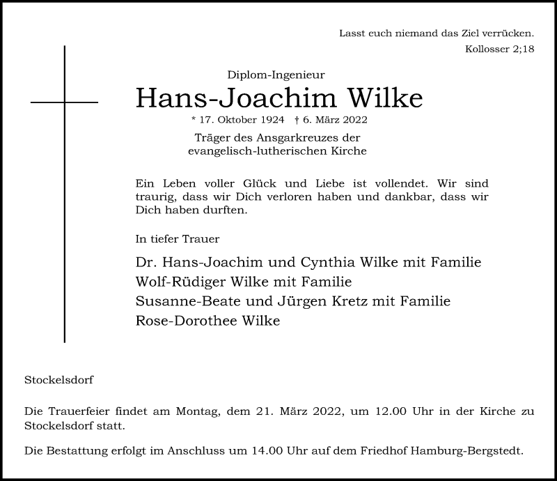 Traueranzeige für Hans-Joachim Wilke vom 13.03.2022 aus Lübecker Nachrichten