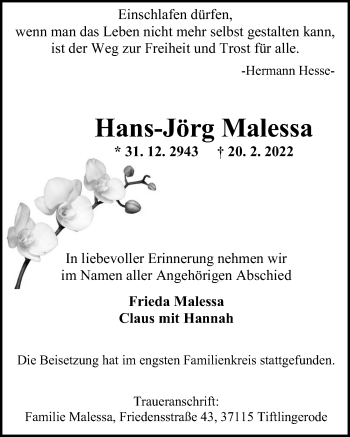 Traueranzeige von Hans-Jörg Malessa von Eichsfelder Tageblatt