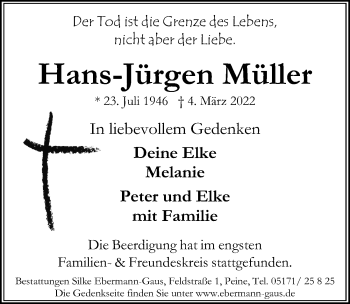 Traueranzeige von Hans-Jürgen Müller von Peiner Allgemeine Zeitung