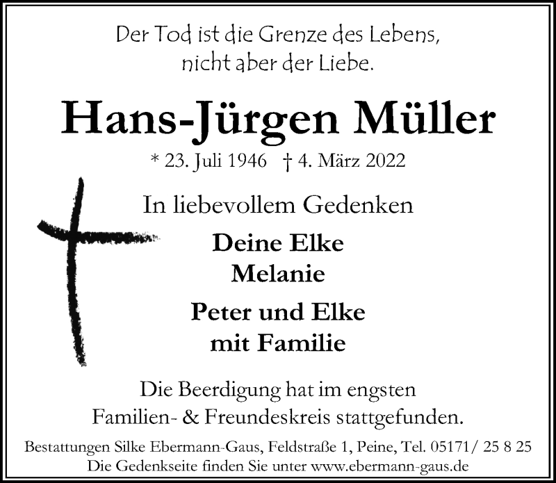  Traueranzeige für Hans-Jürgen Müller vom 12.03.2022 aus Peiner Allgemeine Zeitung