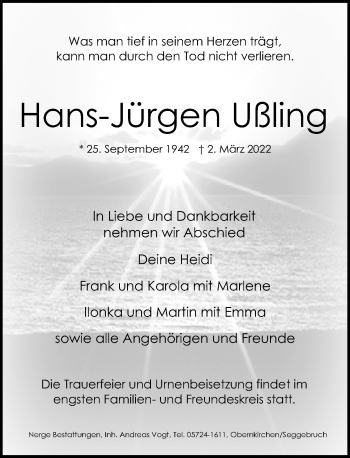 Traueranzeige von Hans-Jürgen Ußling von Schaumburger Nachrichten