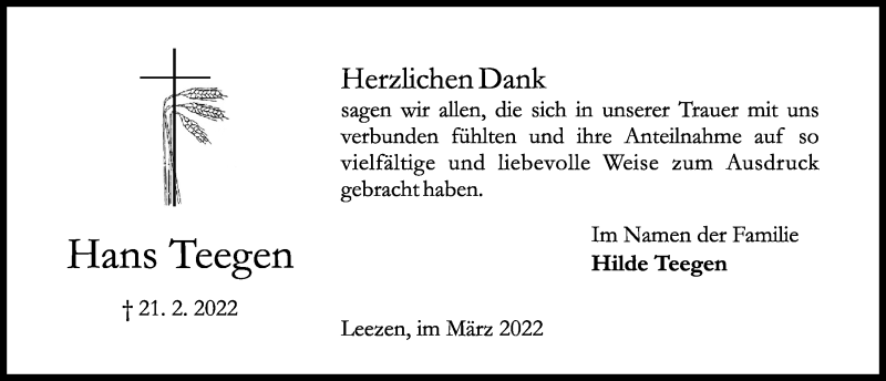  Traueranzeige für Hans Teegen vom 19.03.2022 aus Kieler Nachrichten