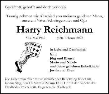 Traueranzeige von Harry Reichmann von Kieler Nachrichten