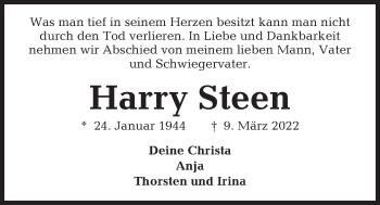 Traueranzeige von Harry Steen von Kieler Nachrichten