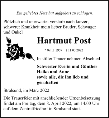 Traueranzeige von Hartmut Post von Ostsee-Zeitung GmbH