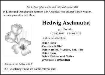 Traueranzeige von Hedwig Aschmutat von Ostsee-Zeitung GmbH