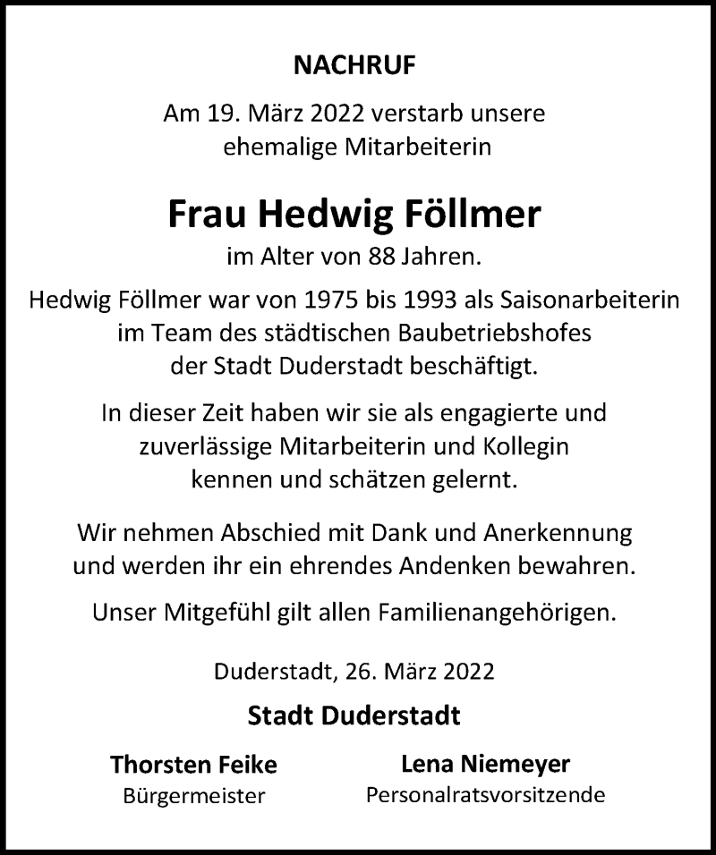  Traueranzeige für Hedwig Föllmer vom 26.03.2022 aus Eichsfelder Tageblatt