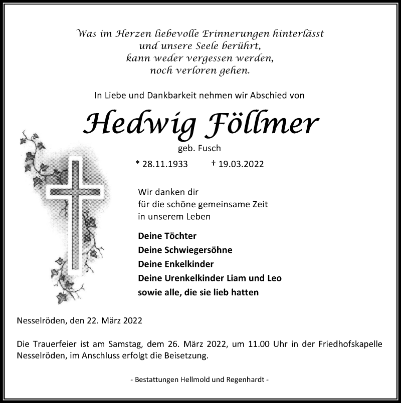  Traueranzeige für Hedwig Föllmer vom 22.03.2022 aus Eichsfelder Tageblatt