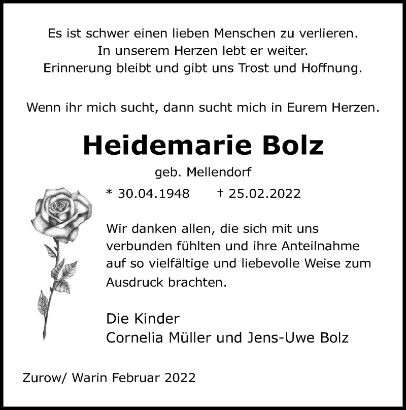  Traueranzeige für Heidemarie Bolz vom 26.03.2022 aus Ostsee-Zeitung GmbH