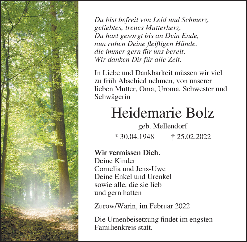  Traueranzeige für Heidemarie Bolz vom 05.03.2022 aus Ostsee-Zeitung GmbH