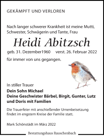 Traueranzeige von Heidi Abitzsch von Leipziger Volkszeitung