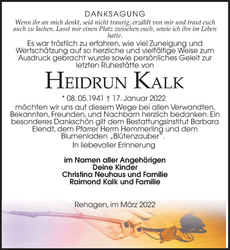  Traueranzeige für Heidrun Kalk vom 08.03.2022 aus Märkischen Allgemeine Zeitung