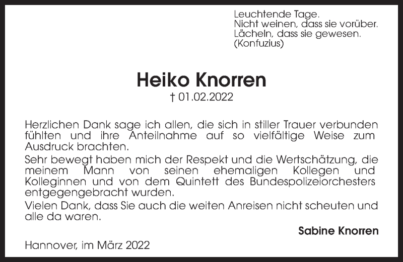  Traueranzeige für Heiko Knorren vom 12.03.2022 aus Hannoversche Allgemeine Zeitung/Neue Presse