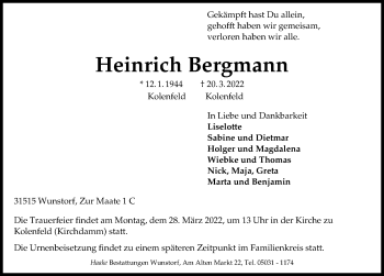 Traueranzeigen von Heinrich Bergmann | trauer-anzeigen.de