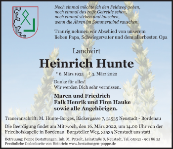 Traueranzeige von Heinrich Hunte von Hannoversche Allgemeine Zeitung/Neue Presse