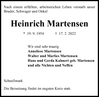 Traueranzeige von Heinrich Martensen von Kieler Nachrichten