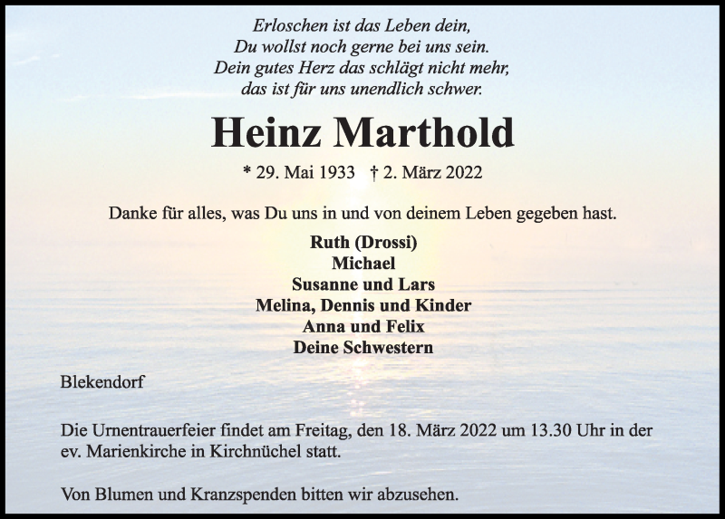  Traueranzeige für Heinz Marthold vom 12.03.2022 aus Kieler Nachrichten