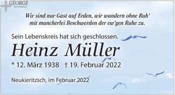 Traueranzeige von Heinz Müller von Leipziger Volkszeitung