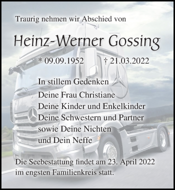 Traueranzeige von Heinz-Werner Gossing von Ostsee-Zeitung GmbH