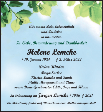 Traueranzeige von Helene Lemcke von Lübecker Nachrichten