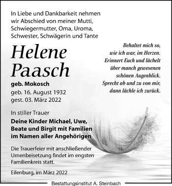 Traueranzeige von Helene Paasch von Leipziger Volkszeitung