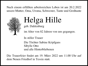 Traueranzeige von Helga Hille von Ostsee-Zeitung GmbH