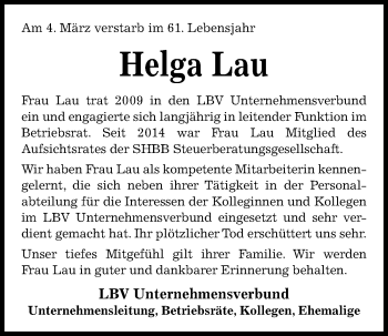 Traueranzeige von Helga Lau von Kieler Nachrichten