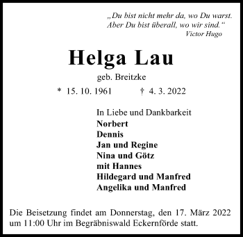 Traueranzeige von Helga Lau von Kieler Nachrichten