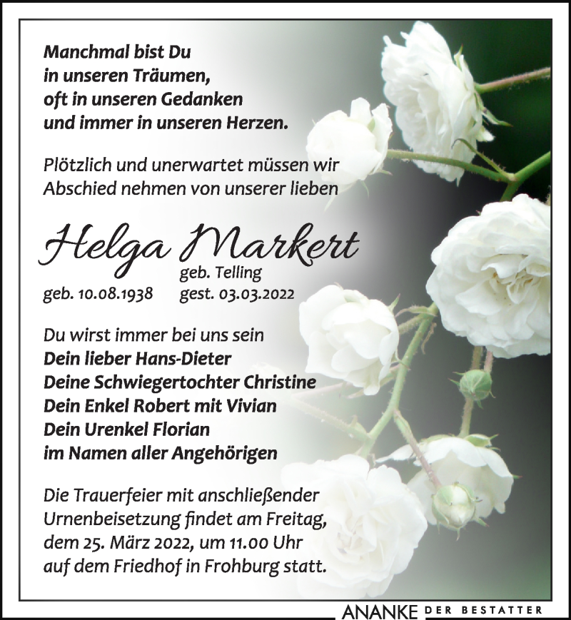  Traueranzeige für Helga Markert vom 12.03.2022 aus Leipziger Volkszeitung
