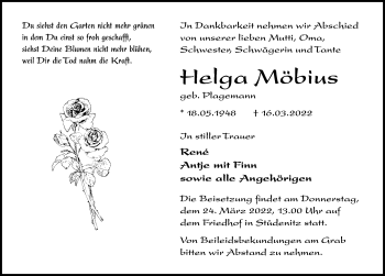 Traueranzeige von Helga Möbius von Märkischen Allgemeine Zeitung