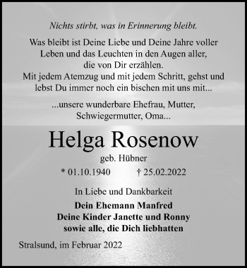 Traueranzeige von Helga Rosenow von Ostsee-Zeitung GmbH