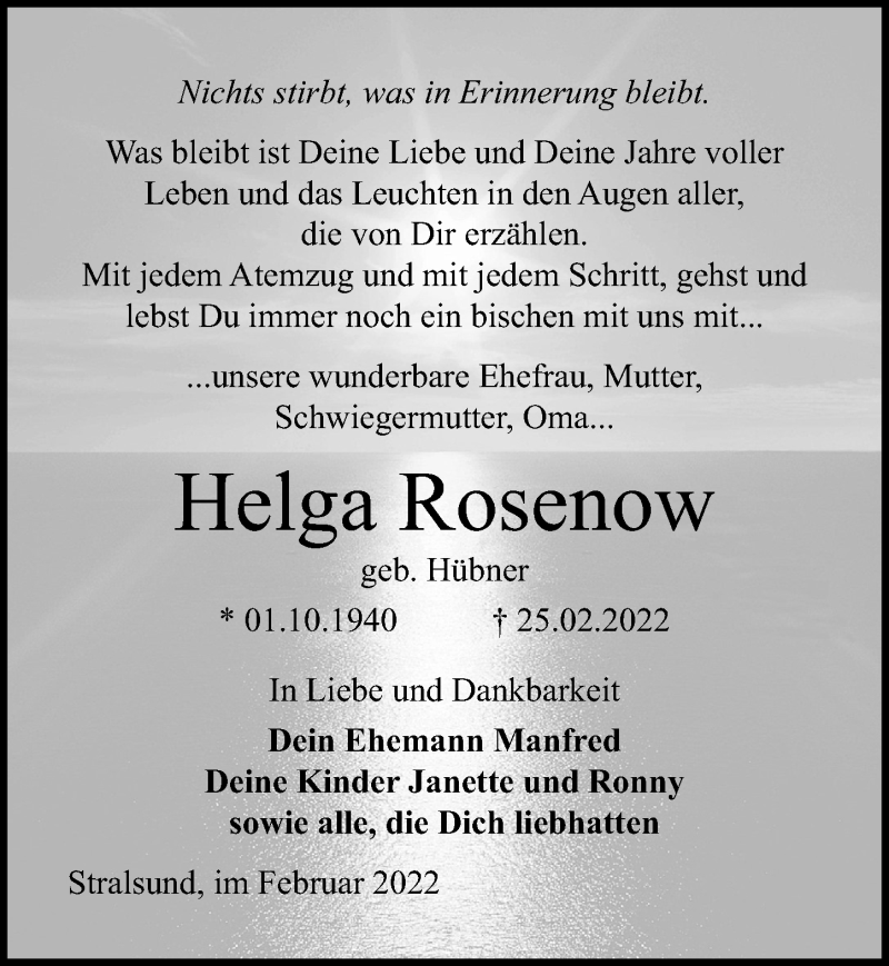  Traueranzeige für Helga Rosenow vom 05.03.2022 aus Ostsee-Zeitung GmbH