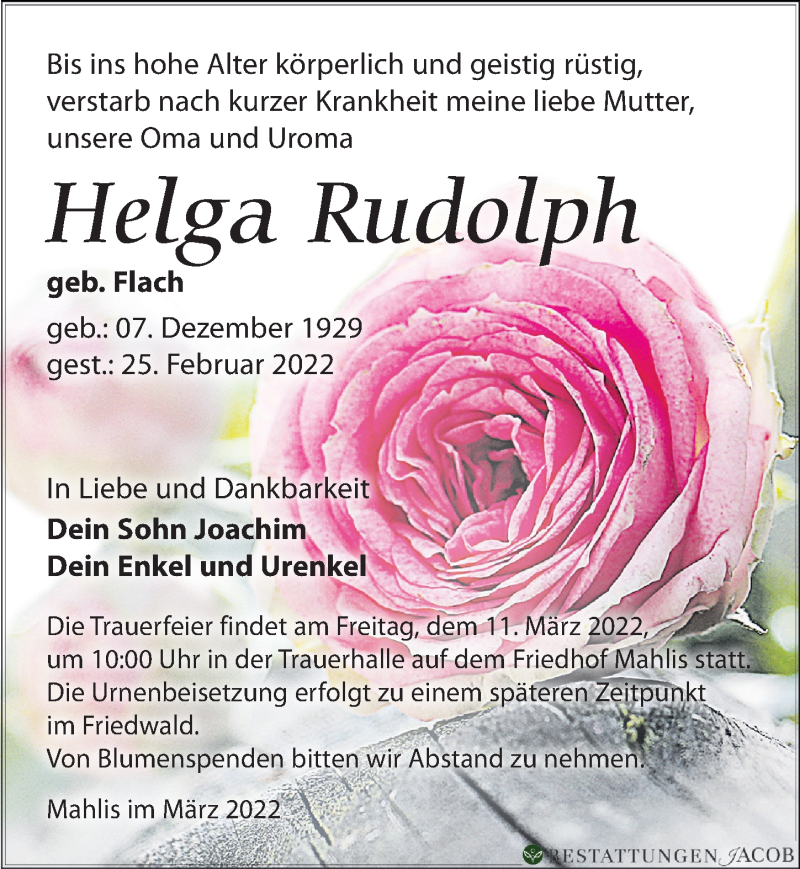  Traueranzeige für Helga Rudolph vom 05.03.2022 aus Leipziger Volkszeitung