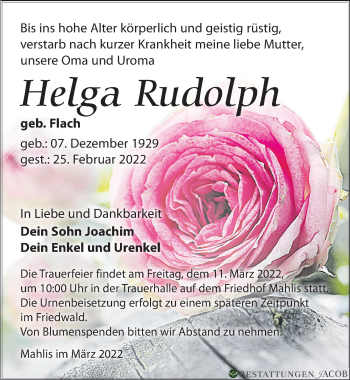 Traueranzeige von Helga Rudolph von Leipziger Volkszeitung