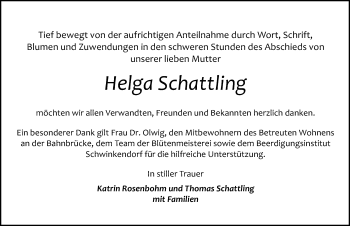 Traueranzeige von Helga Schattling von Ostsee-Zeitung GmbH