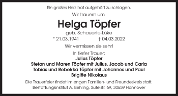 Traueranzeige von Helga Töpfer von Hannoversche Allgemeine Zeitung/Neue Presse